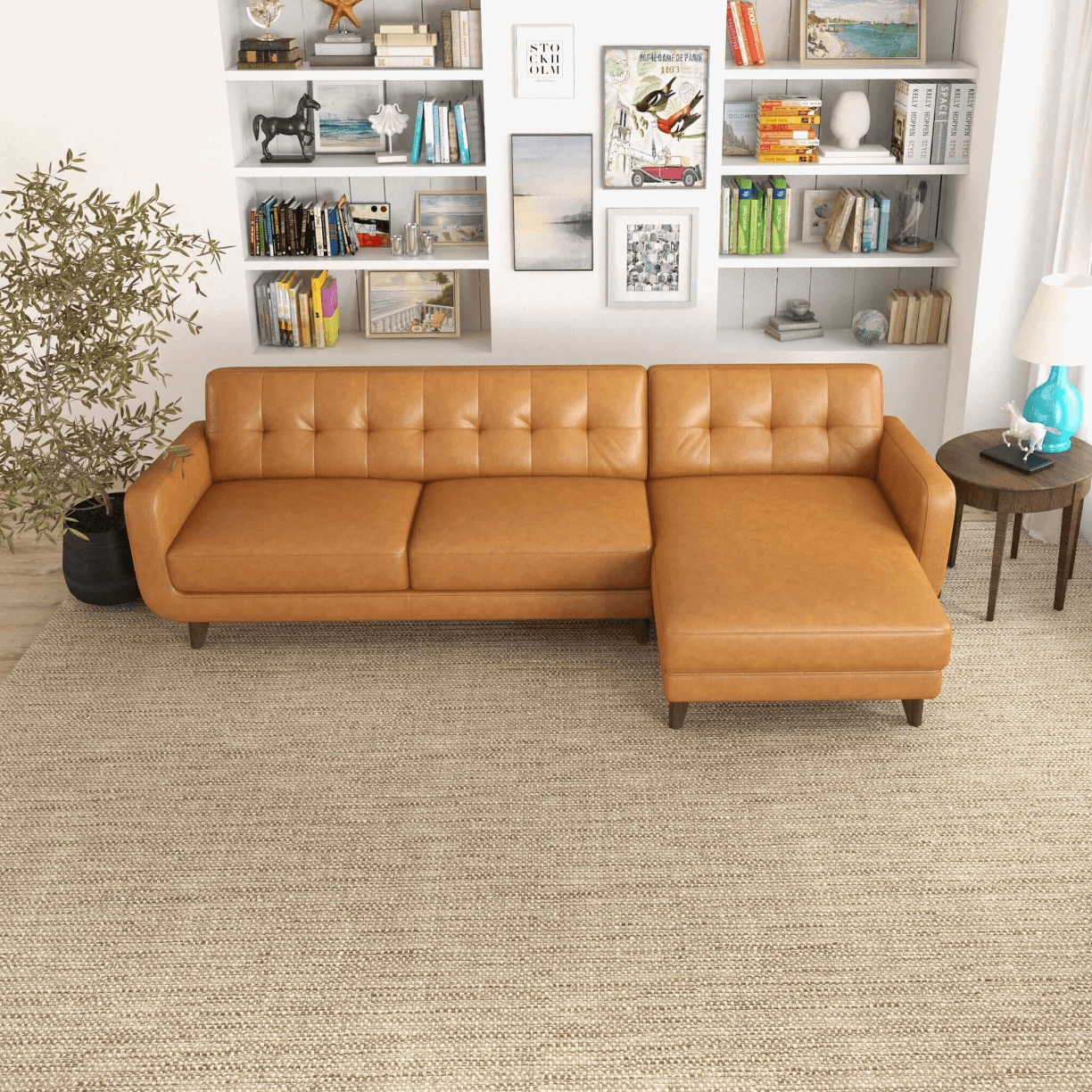 Allison MCM Style Genuine Leather Sectional Sofa with Chaise 113" - Revel Sofa 