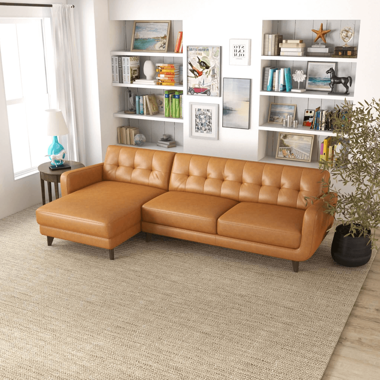 Allison MCM Style Genuine Leather Sectional Sofa with Chaise 113" - Revel Sofa 