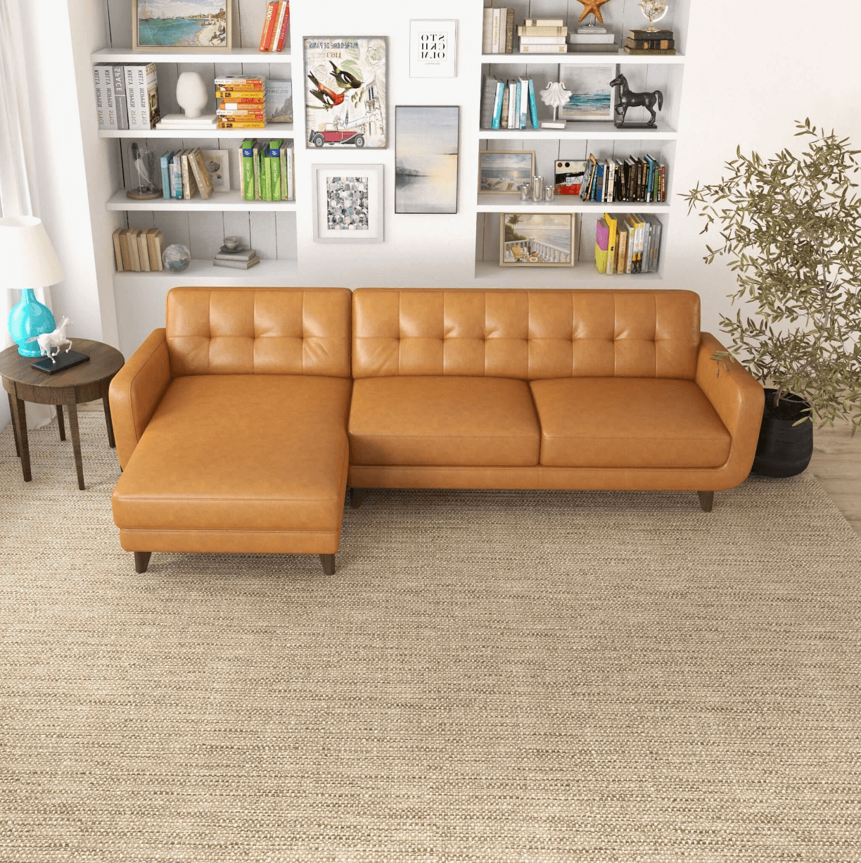 Allison MCM Style Genuine Leather Sectional Sofa with Chaise 113" - Revel Sofa 