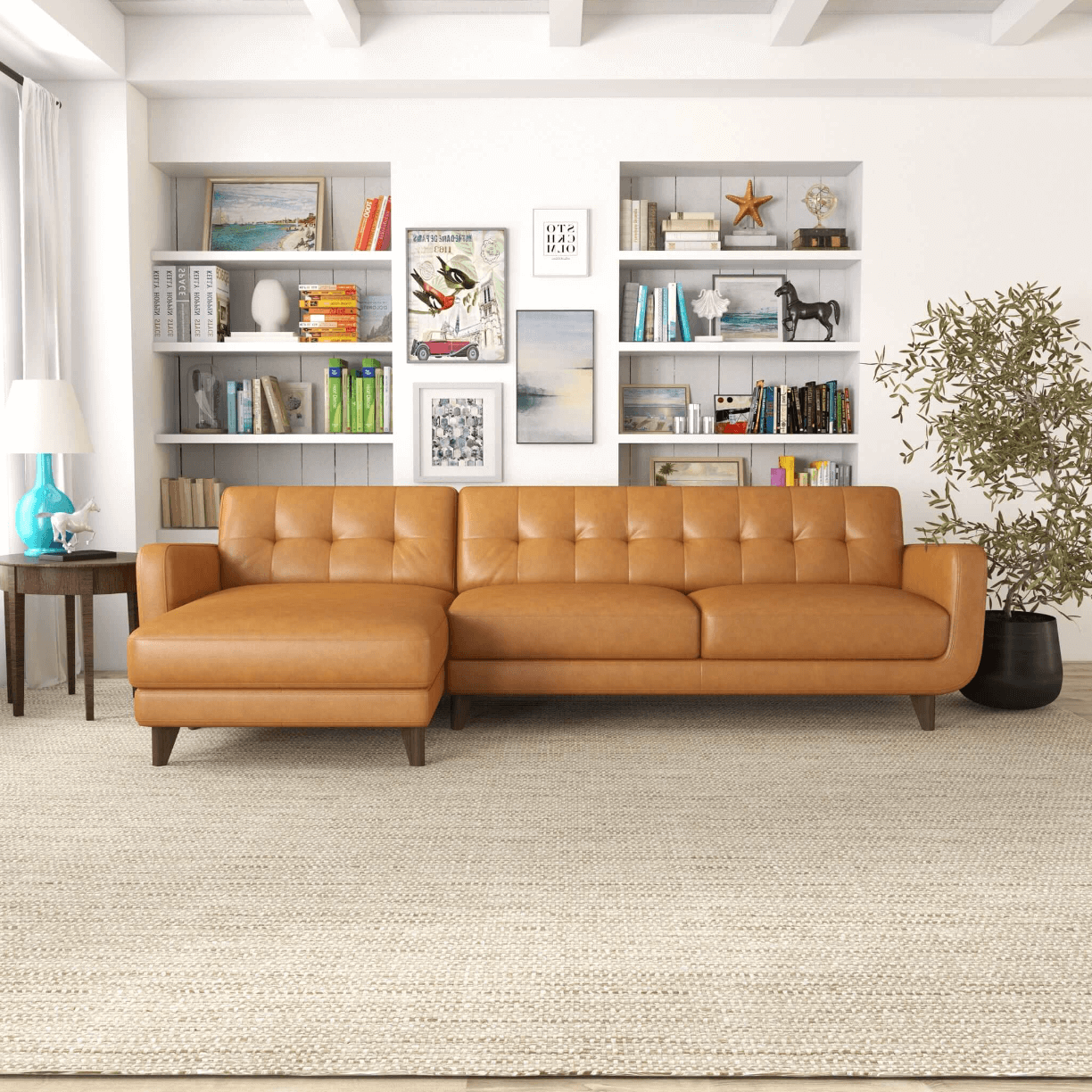 Allison MCM Style Genuine Leather Sectional Sofa with Chaise 113" - Revel Sofa 