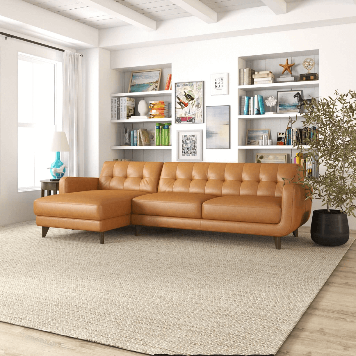 Allison MCM Style Genuine Leather Sectional Sofa with Chaise 113" - Revel Sofa 
