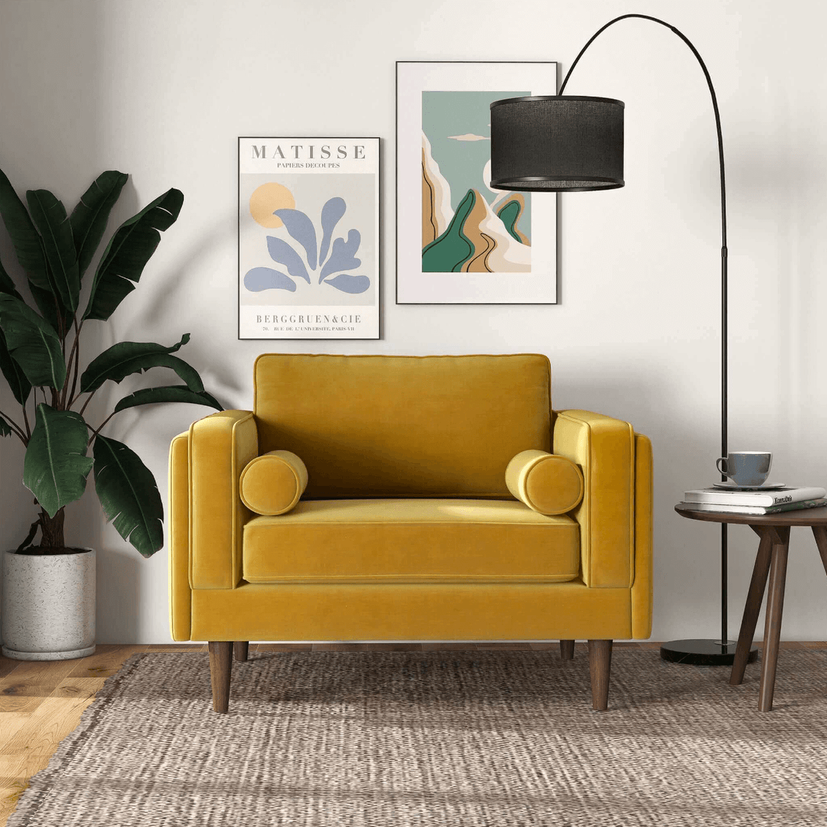 Amber MCM Velvet Accent Lounge Chair – Mid-Century Modern Upholstered Armchair (7 Colors, Plush Cushioning) in yellow velvet.