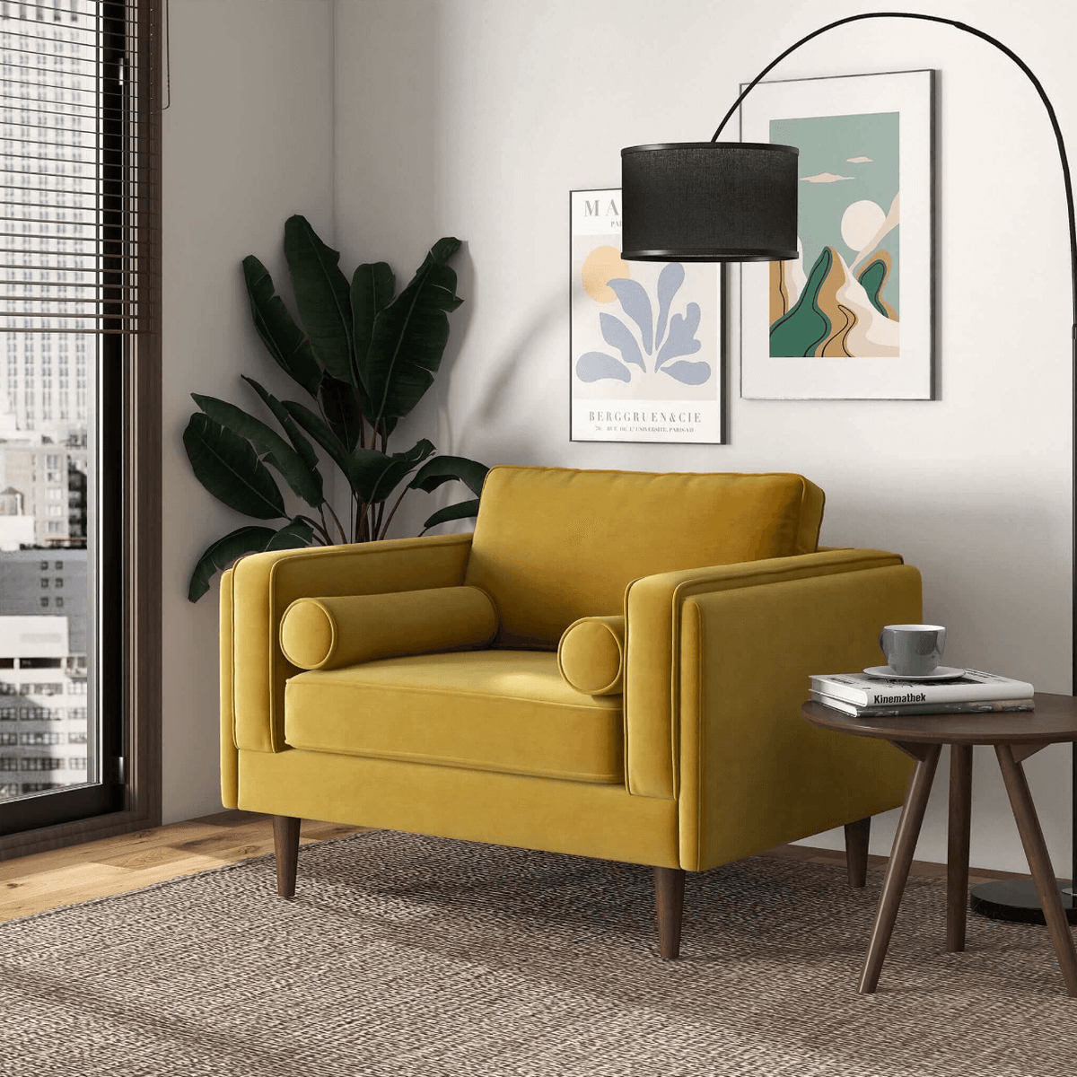Amber MCM Velvet Accent Lounge Chair – Mid-Century Modern Upholstered Armchair (7 Colors, Plush Cushioning) in yellow.