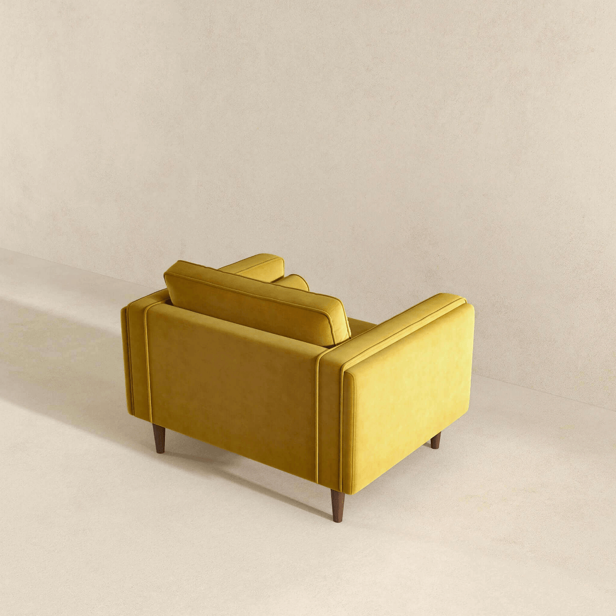 Amber MCM Velvet Accent Lounge Chair – Mid-Century Modern Upholstered Armchair (7 Colors, Plush Cushioning) in yellow velvet.