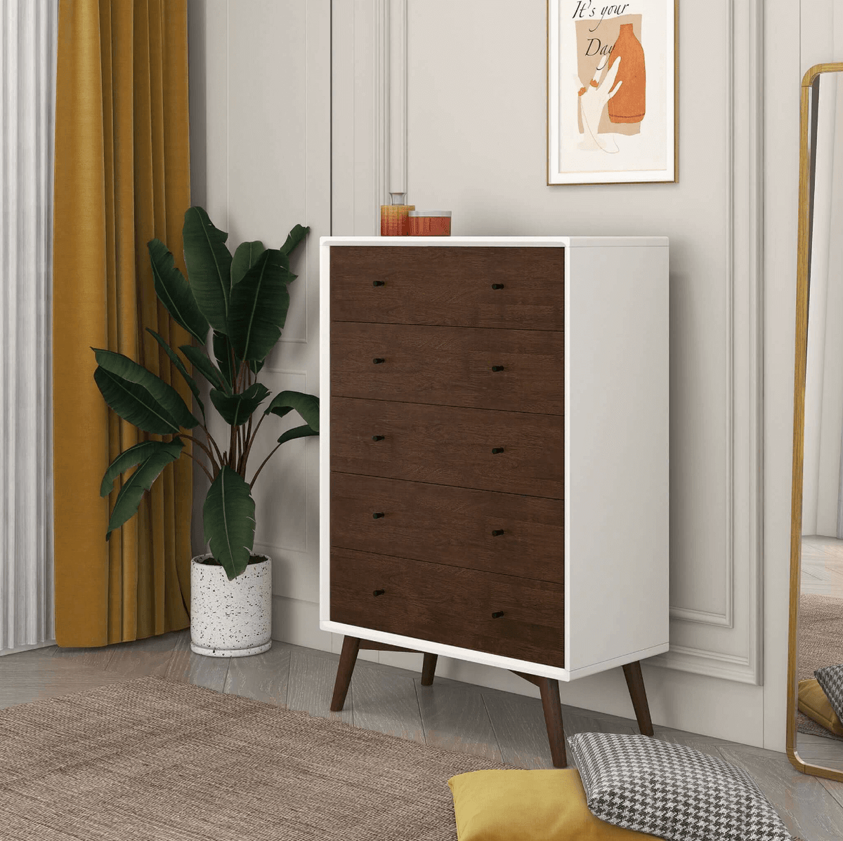 Caroline MCM Solid Wood Dresser Walnut Finish (47") - Revel Sofa 