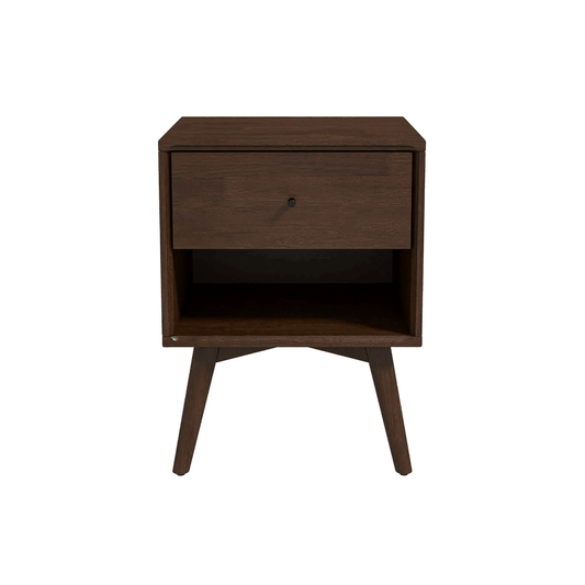 Caroline MCM Solid Wood Nightstand – Mid-Century Modern Bedside Table with Drawer & Shelf (Walnut or White)