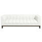 Modern Channel Tufted Fabric Sofa 90” – Melissa MCM Boucle or Velvet Couch (3 Colors) in white boucle upholstery.