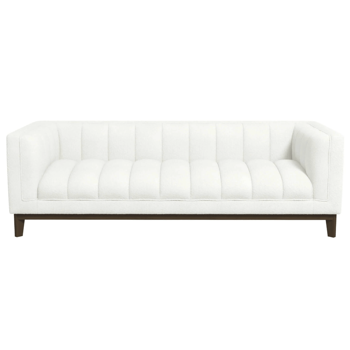 Modern Channel Tufted Fabric Sofa 90” – Melissa MCM Boucle or Velvet Couch (3 Colors) in white boucle upholstery.
