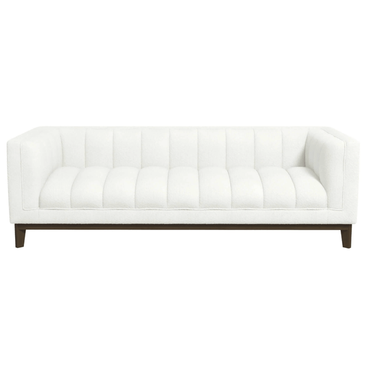 Modern Channel Tufted Fabric Sofa 90” – Melissa MCM Boucle or Velvet Couch (3 Colors) in white boucle upholstery.