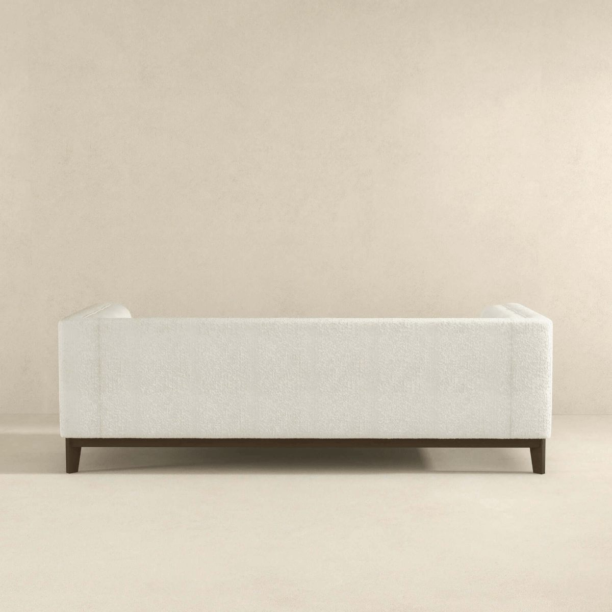 Modern Channel Tufted Fabric Sofa 90” – Melissa MCM Boucle or Velvet Couch (3 Colors) back view in white boucle upholstery.