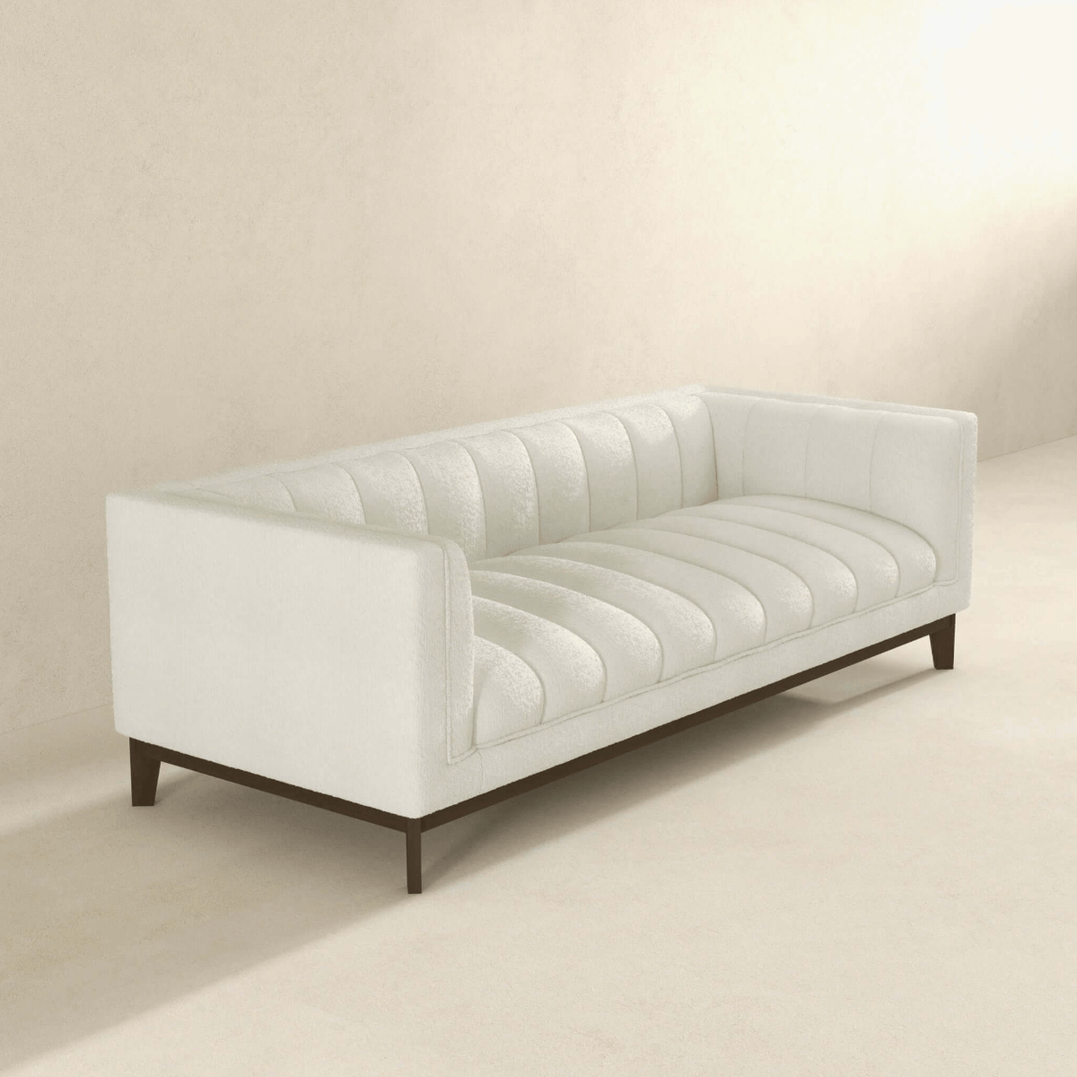 Modern Channel Tufted Fabric Sofa 90” – Melissa MCM Boucle or Velvet Couch (3 Colors) in white upholstery.