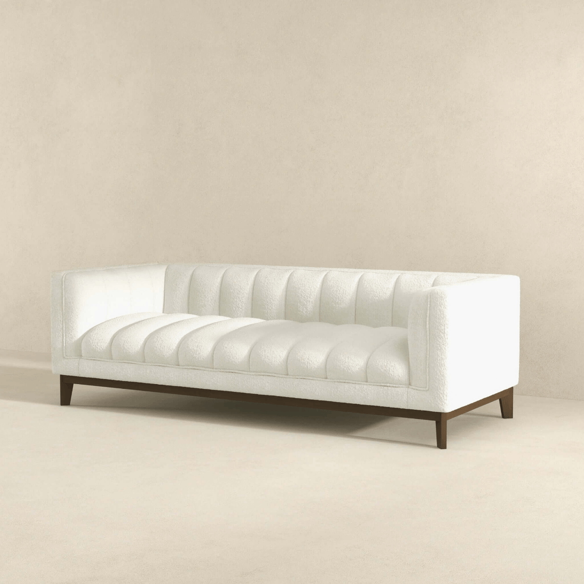 Modern Channel Tufted Fabric Sofa 90” – Melissa MCM Boucle or Velvet Couch (3 Colors) in white upholstery.