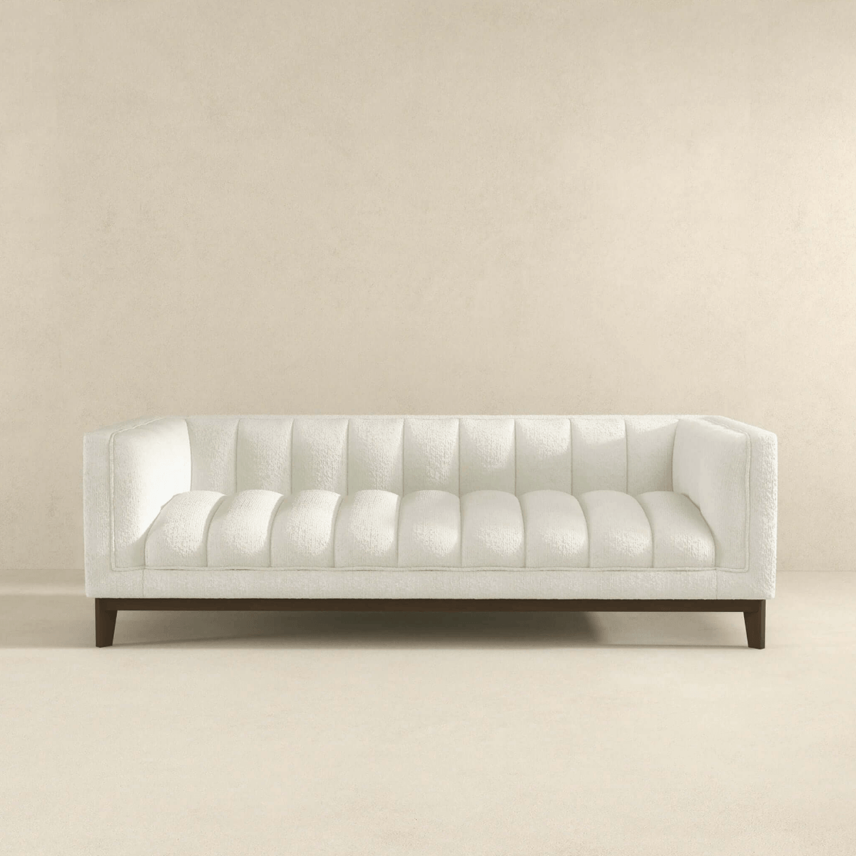 Modern Channel Tufted Fabric Sofa 90” – Melissa MCM Boucle or Velvet Couch (3 Colors) in white upholstery.