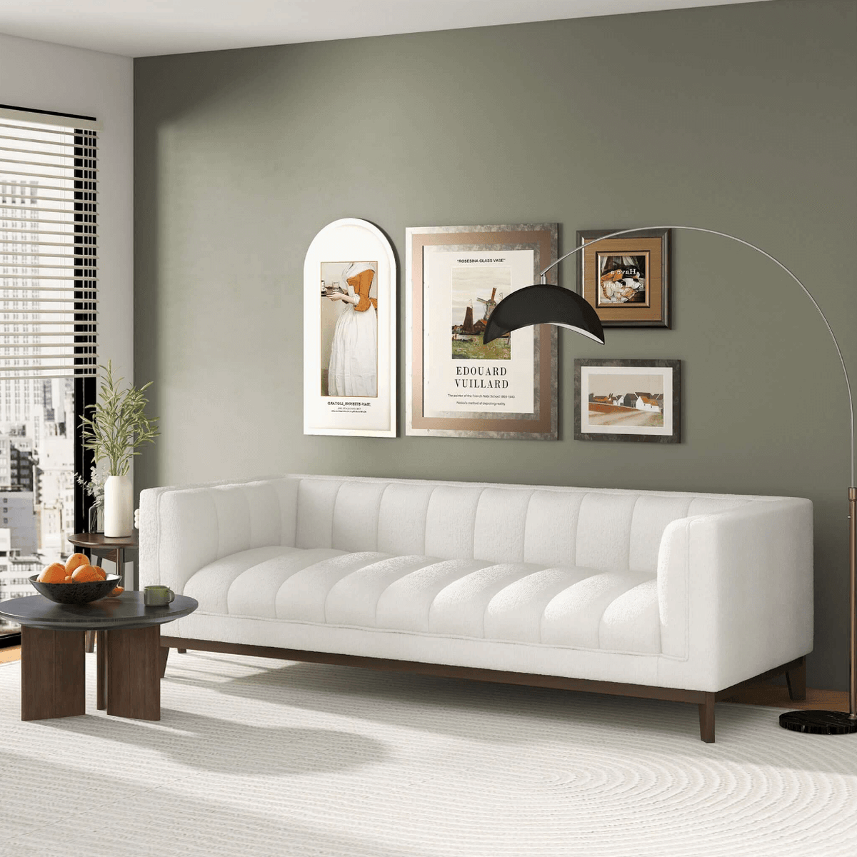 Modern Channel Tufted Fabric Sofa 90” – Melissa MCM Boucle or Velvet Couch (3 Colors) in a stylish living room setting.