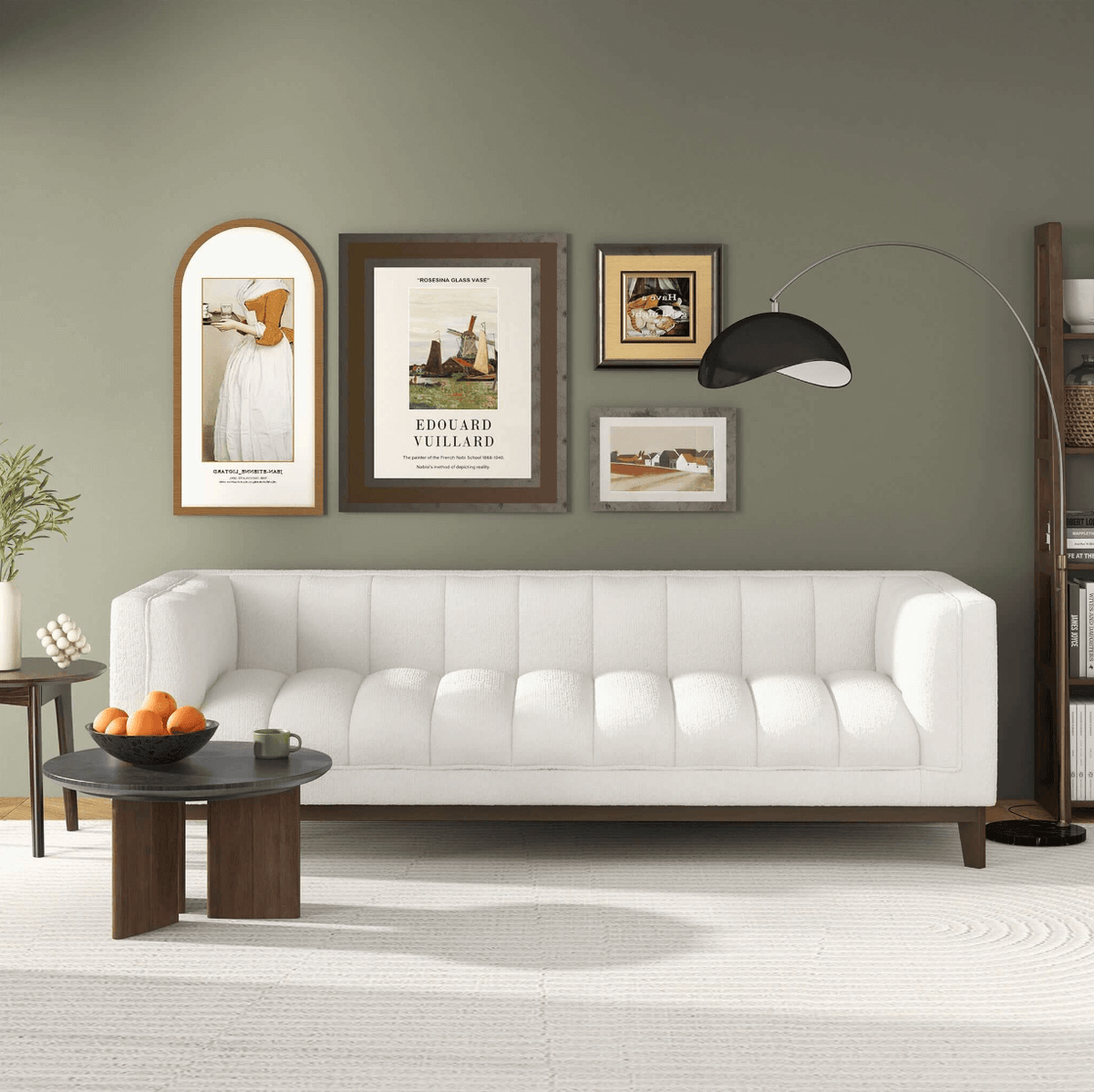 Modern Channel Tufted Fabric Sofa 90” – Melissa MCM Boucle or Velvet Couch (3 Colors) in a stylish living room setup.