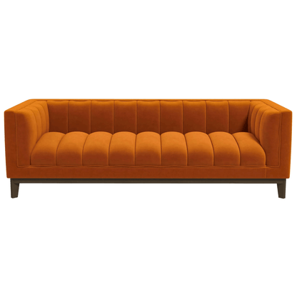 Modern Channel Tufted Fabric Sofa 90” – Melissa MCM Boucle or Velvet Couch (3 Colors) in orange velvet upholstery.