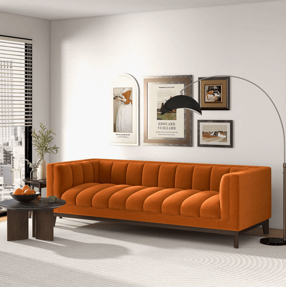 Modern Channel Tufted Fabric Sofa 90” – Melissa MCM Boucle or Velvet Couch (3 Colors) in an elegant living room setting.