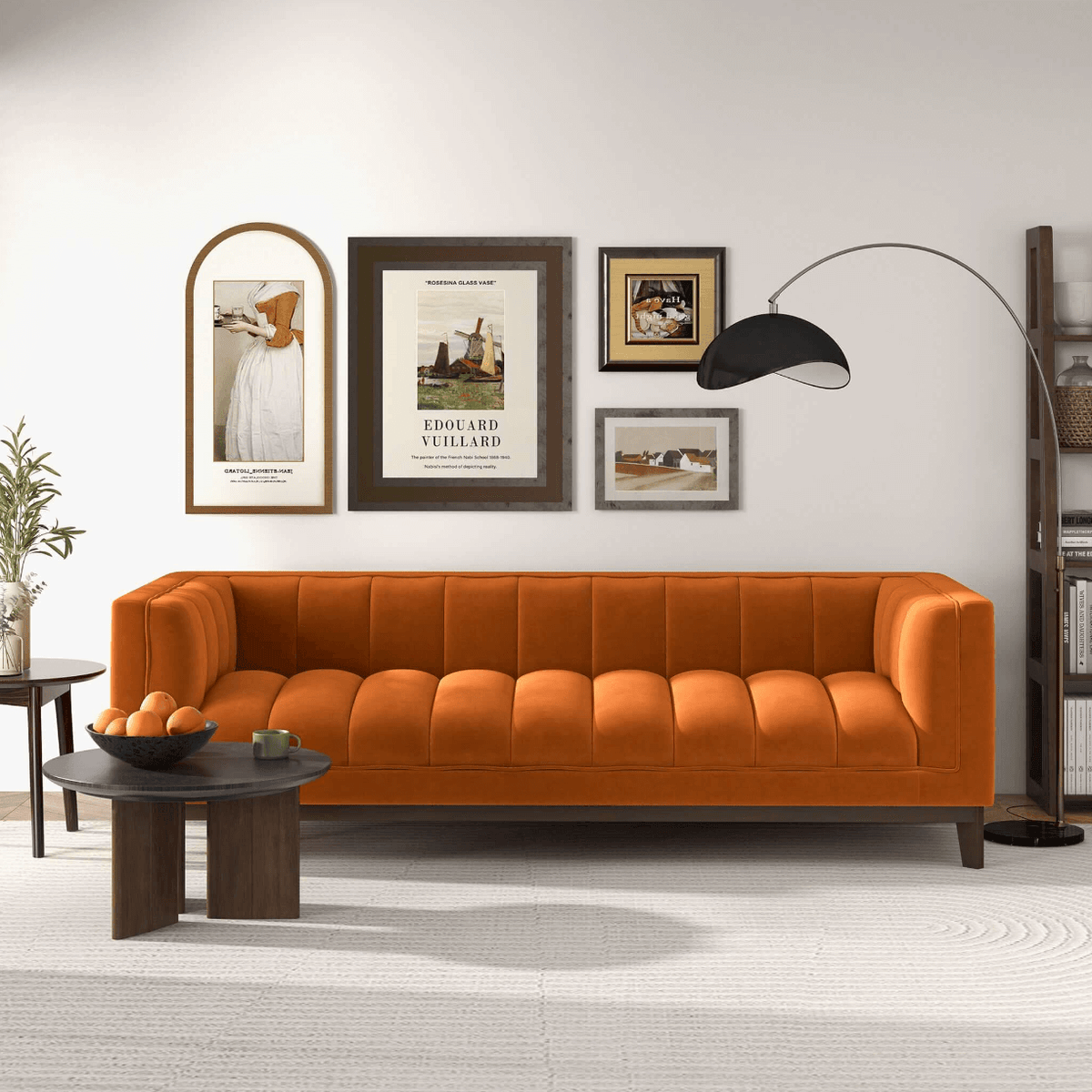 Modern Channel Tufted Fabric Sofa 90” – Melissa MCM Boucle or Velvet Couch (3 Colors) in an elegant living room setting.