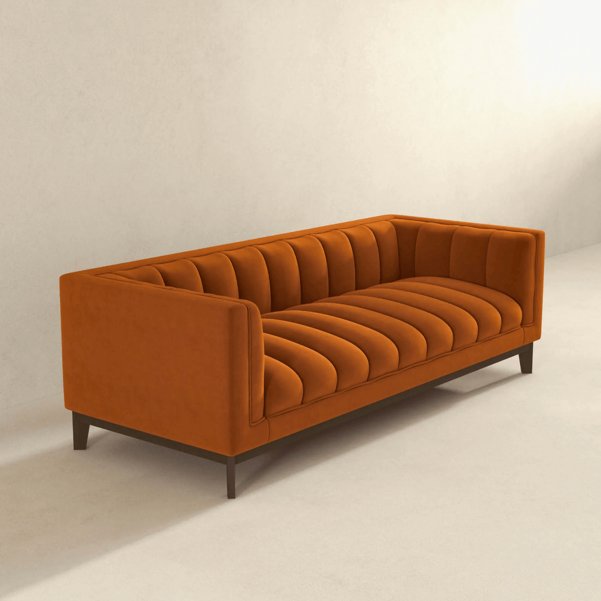 Modern Channel Tufted Fabric Sofa 90” – Melissa MCM Boucle or Velvet Couch (3 Colors) in rich orange velvet.