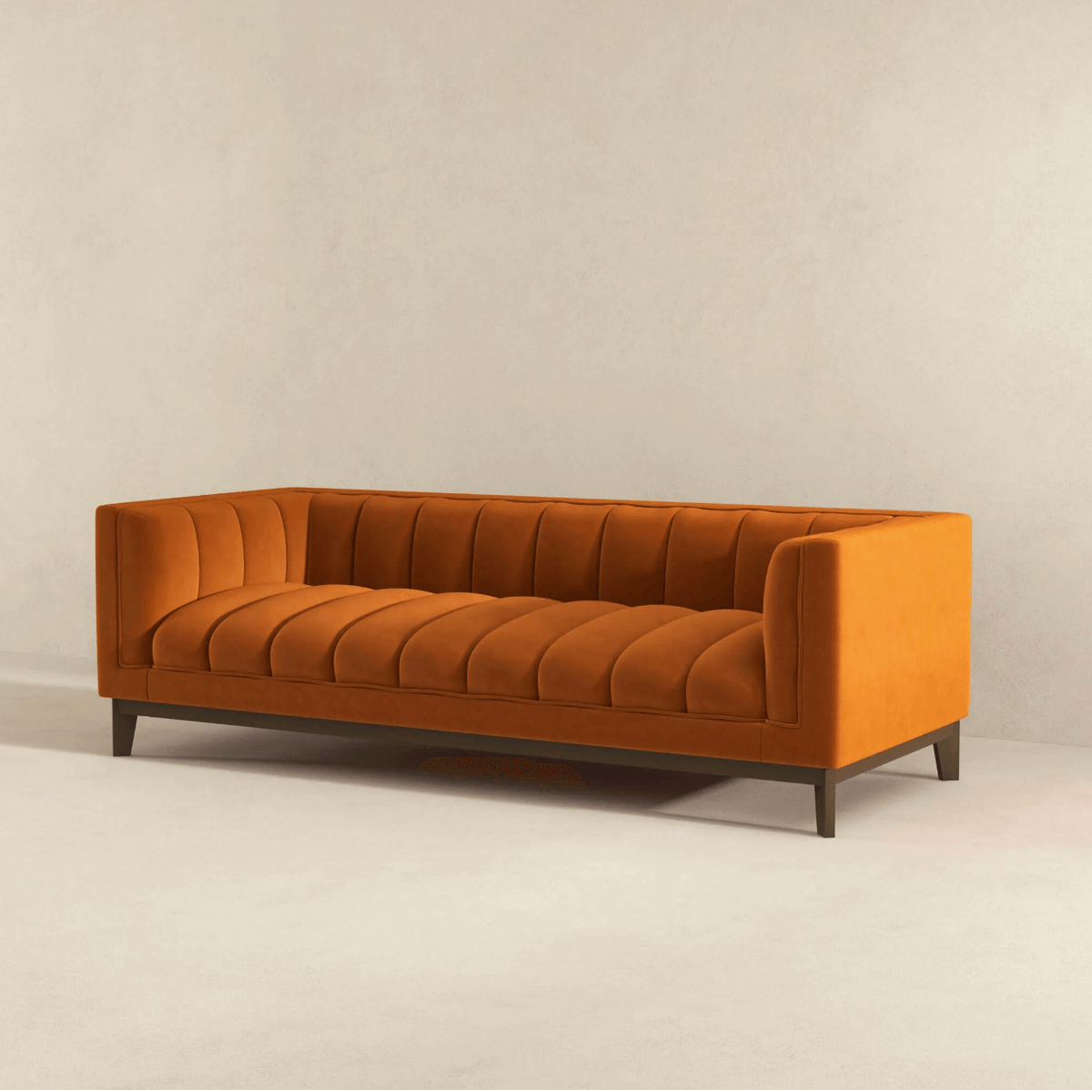 Modern Channel Tufted Fabric Sofa 90” – Melissa MCM Boucle or Velvet Couch (3 Colors) in vibrant orange upholstery.