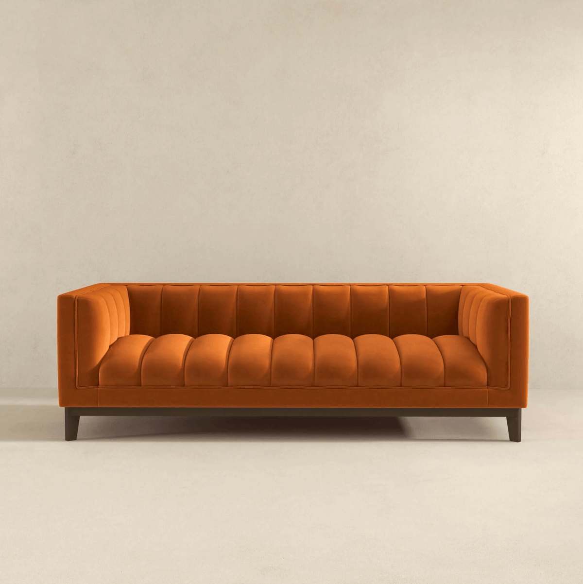 Modern Channel Tufted Fabric Sofa 90” – Melissa MCM Boucle or Velvet Couch (3 Colors) in orange velvet.