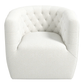 Delaney Tufted Swivel Barrel Chair – Modern Accent Chair (Multiple Colors & Fabrics) in white upholstery with tufted design.