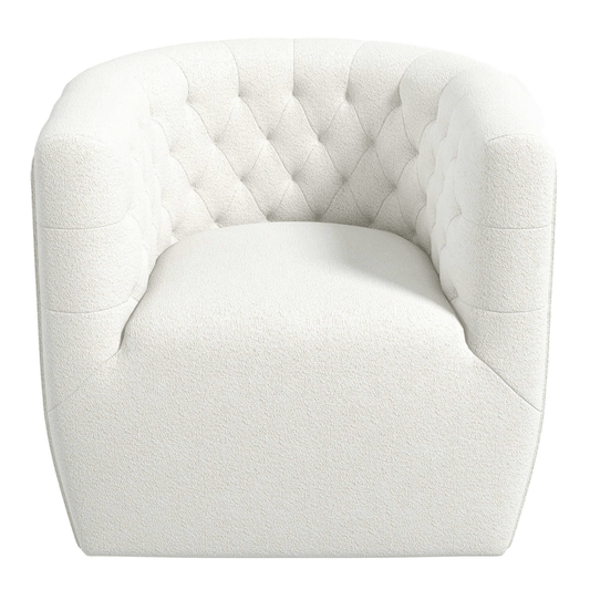 Delaney Tufted Swivel Barrel Chair – Modern Accent Chair (Multiple Colors & Fabrics) in white upholstery with tufted design.