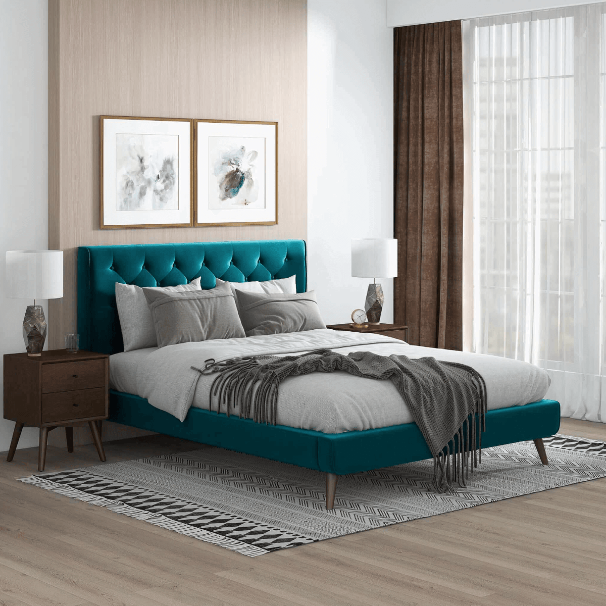 Dillon MCM Platform Bed with Button Tufted Velvet Upholstery - Revel Sofa 
