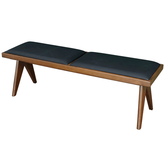 Keira MCM Solid Wood Bench Black Vegan Leather Upholstered Top 51" - Revel Sofa 