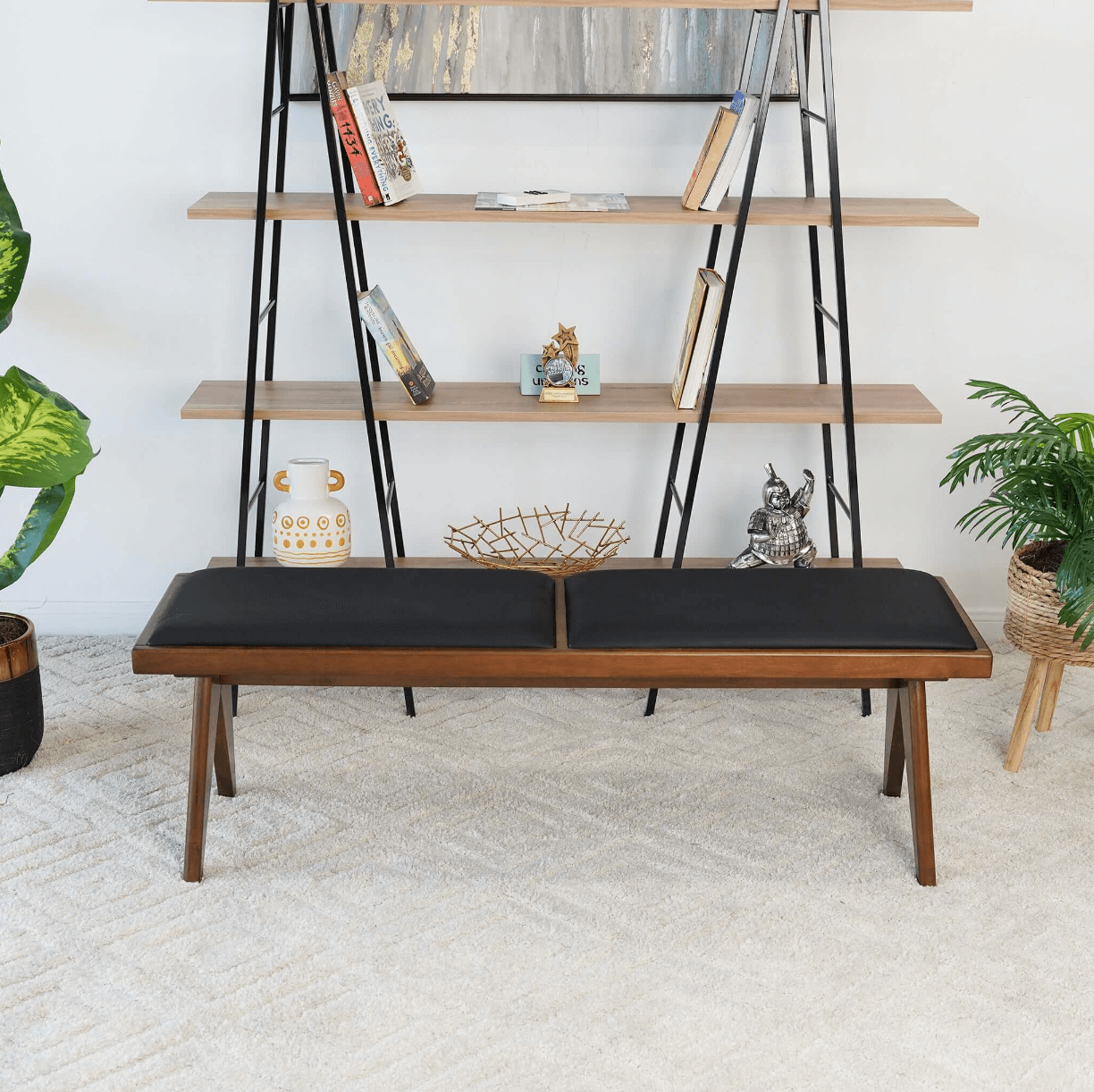 Keira MCM Solid Wood Bench Black Vegan Leather Upholstered Top 51" - Revel Sofa 