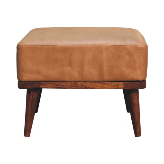MCM Styled Genuine Buffalo Leather Ottoman Footstool, Tan 20" - Revel Sofa 