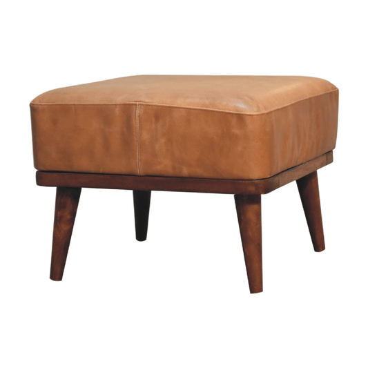 MCM Styled Genuine Buffalo Leather Ottoman Footstool, Tan 20" - Revel Sofa