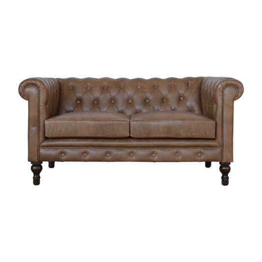 Button Tufted Rolled Arm Genuine Buffalo Leather Chesterfield Sofa Loveseat 59" - Revel Sofa