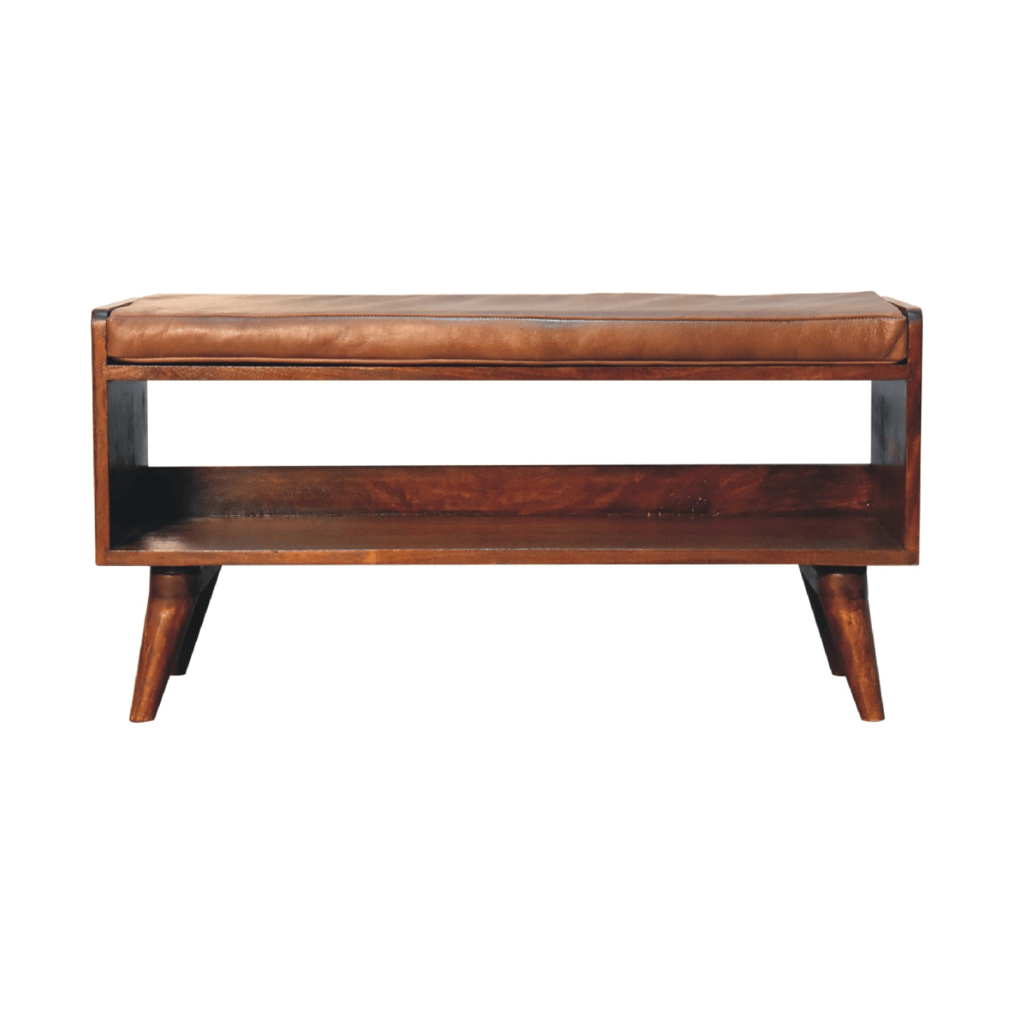 MCM Styled Solid Wood 2 Tier Bench with Leather Seat, Chestnut 35" - Revel Sofa 