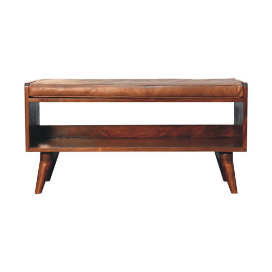 MCM Styled Solid Wood 2 Tier Bench with Leather Seat, Chestnut 35" - Revel Sofa