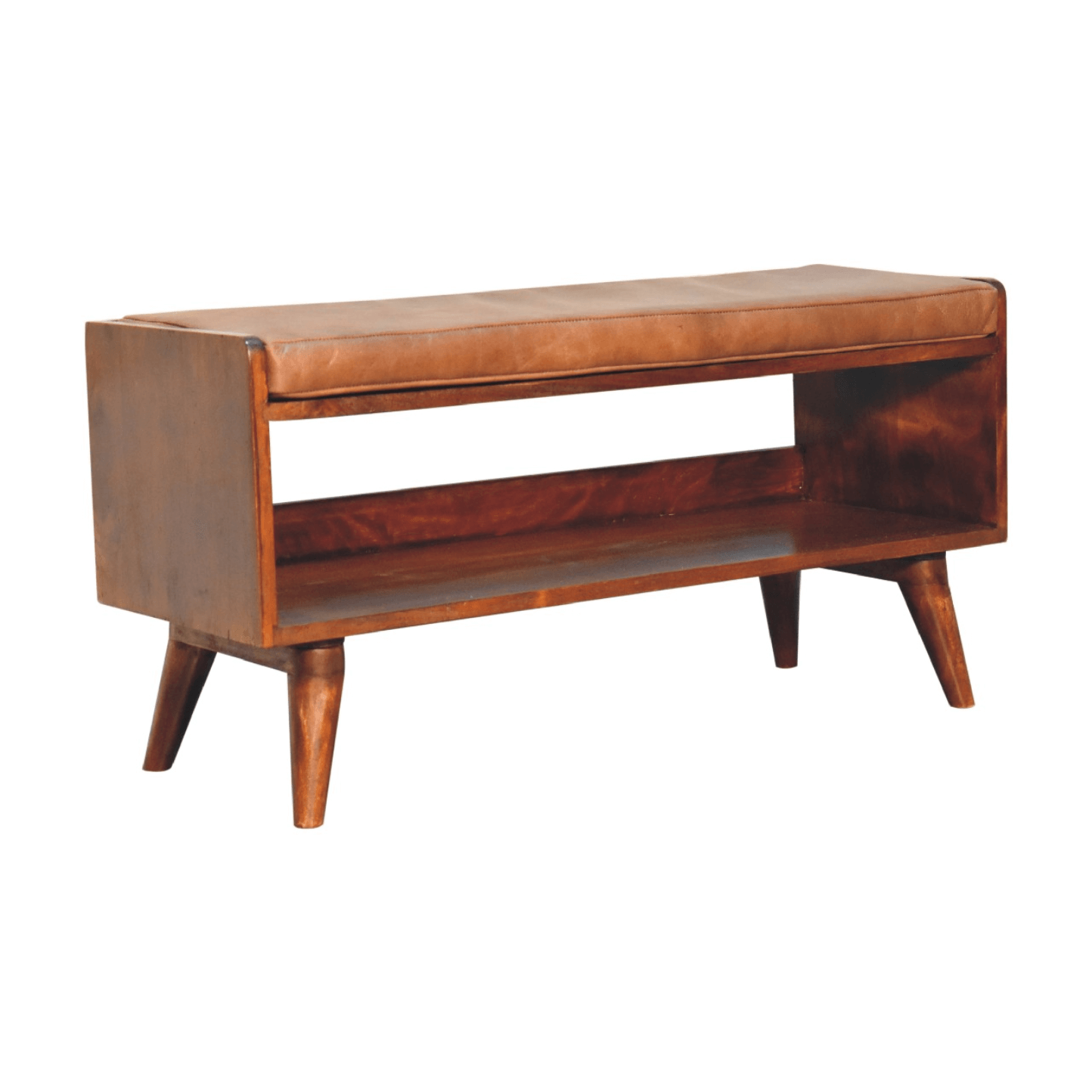MCM Styled Solid Wood 2 Tier Bench with Leather Seat, Chestnut 35" - Revel Sofa 