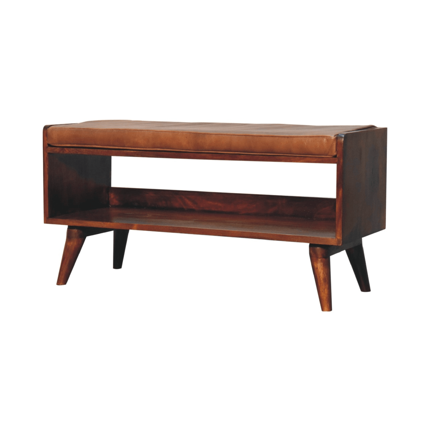 MCM Styled Solid Wood 2 Tier Bench with Leather Seat, Chestnut 35" - Revel Sofa 