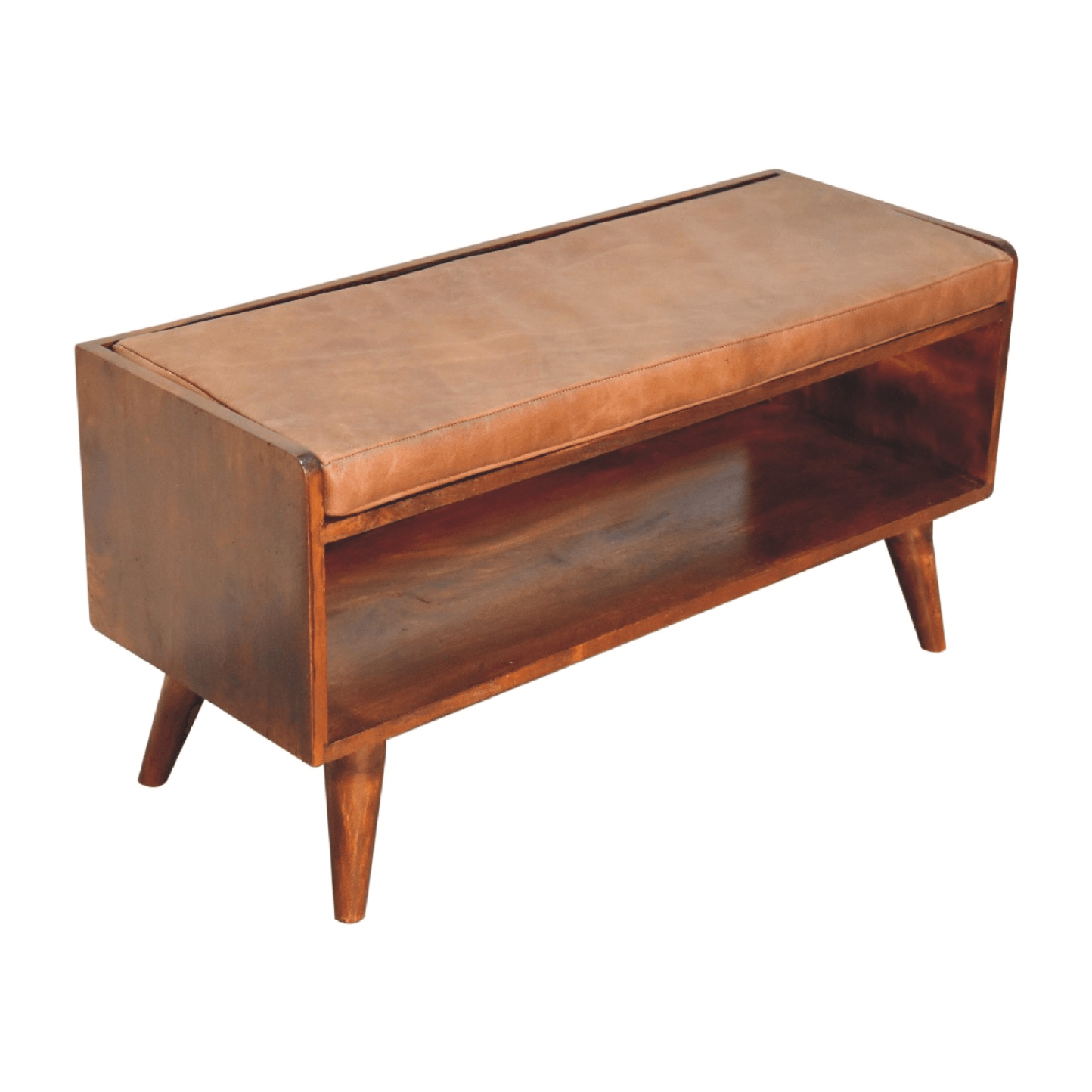 MCM Styled Solid Wood 2 Tier Bench with Leather Seat, Chestnut 35" - Revel Sofa 