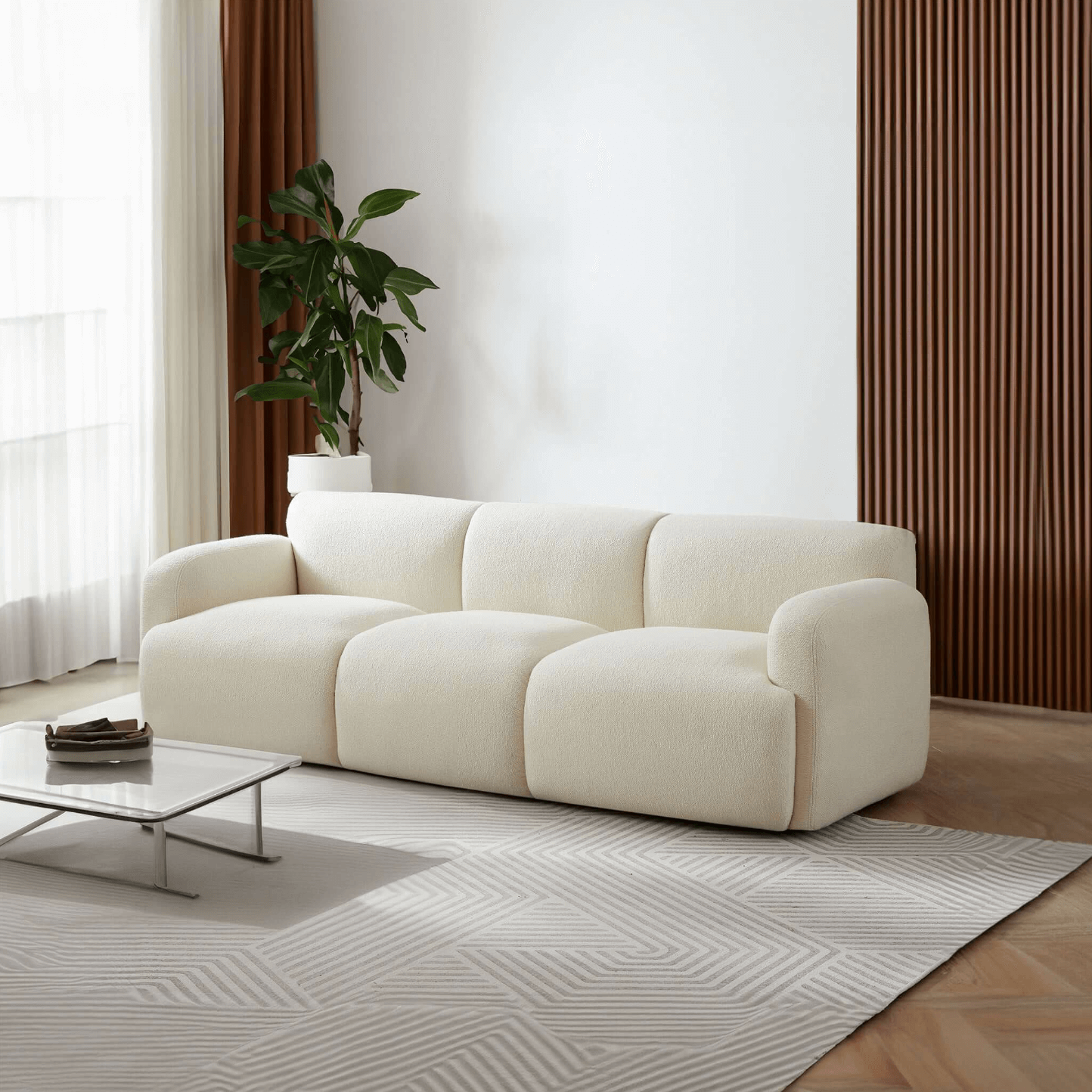 Simone Modern 3 Seater Sofa, Cream Boucle 90" - Revel Sofa 
