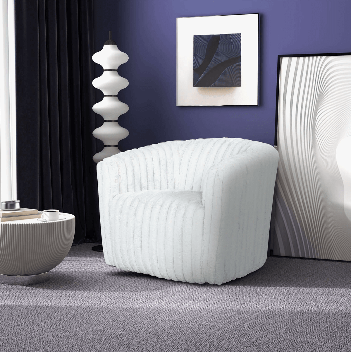Mira Velvet Channel Tufted Swivel Lounge Chair in White or Gray - Revel Sofa 
