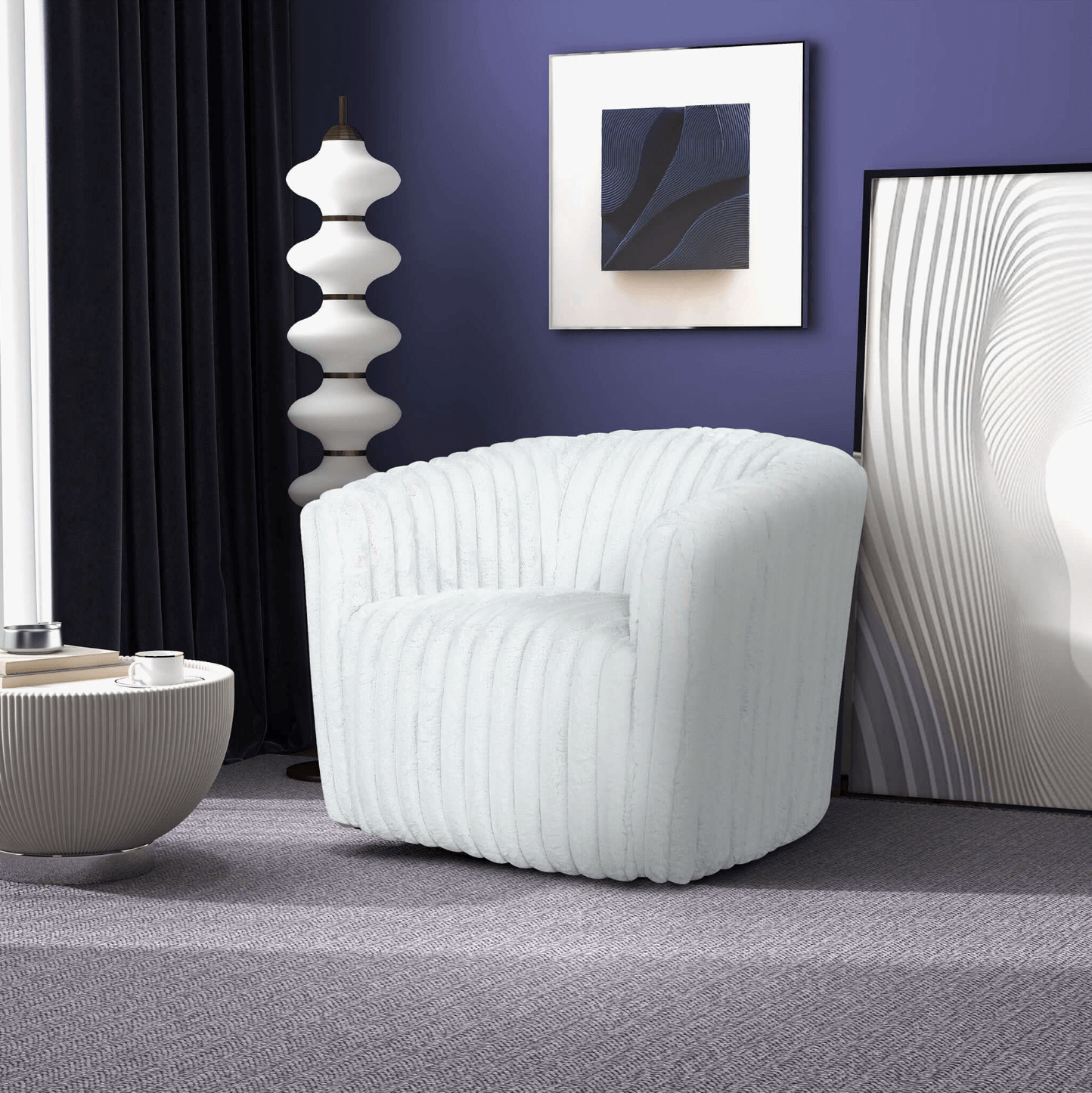 Mira Velvet Channel Tufted Swivel Lounge Chair in White or Gray - Revel Sofa 