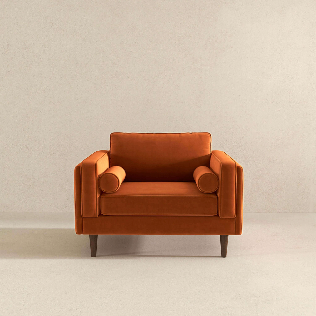 Amber MCM Velvet Accent Lounge Chair – Mid-Century Modern Upholstered Armchair (7 Colors, Plush Cushioning) in orange velvet.