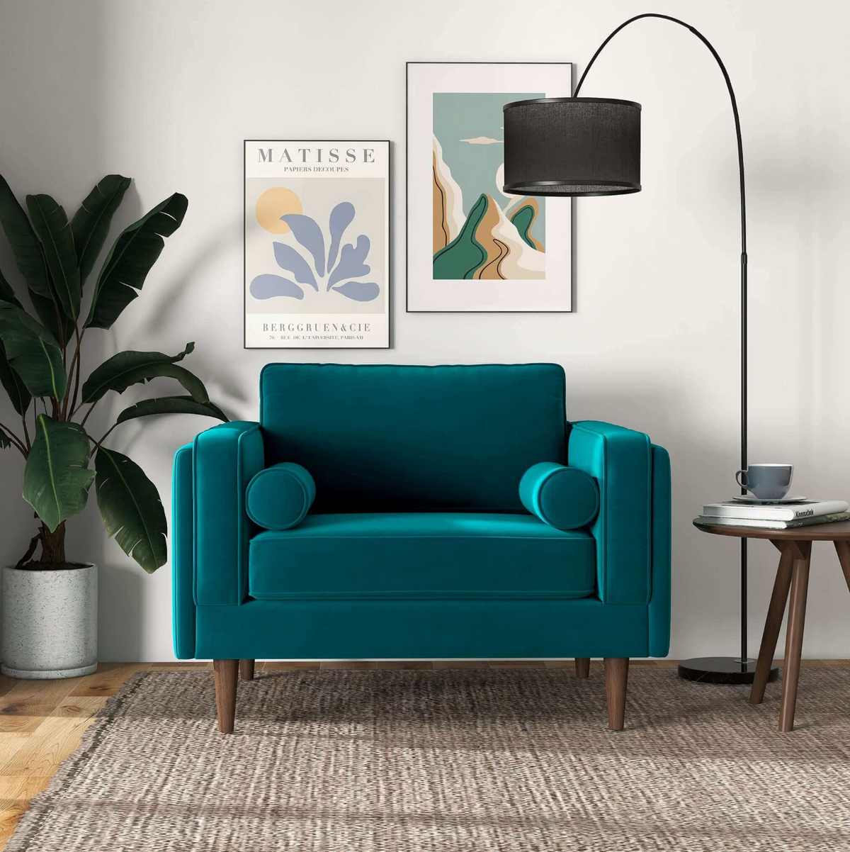 Amber MCM Velvet Accent Lounge Chair – Mid-Century Modern Upholstered Armchair (7 Colors, Plush Cushioning) in teal.
