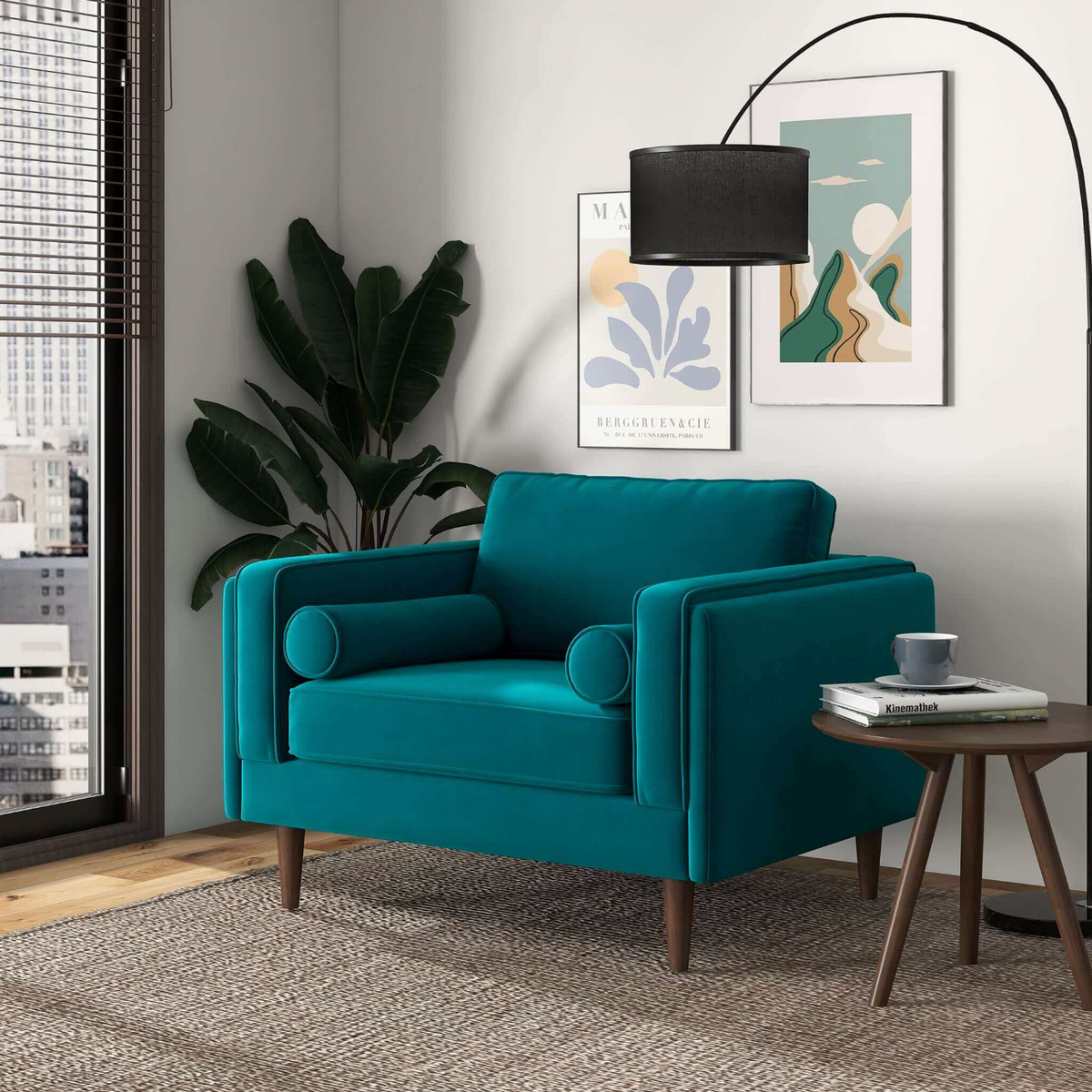 Amber MCM Velvet Accent Lounge Chair – Mid-Century Modern Upholstered Armchair (7 Colors, Plush Cushioning) in teal setting.