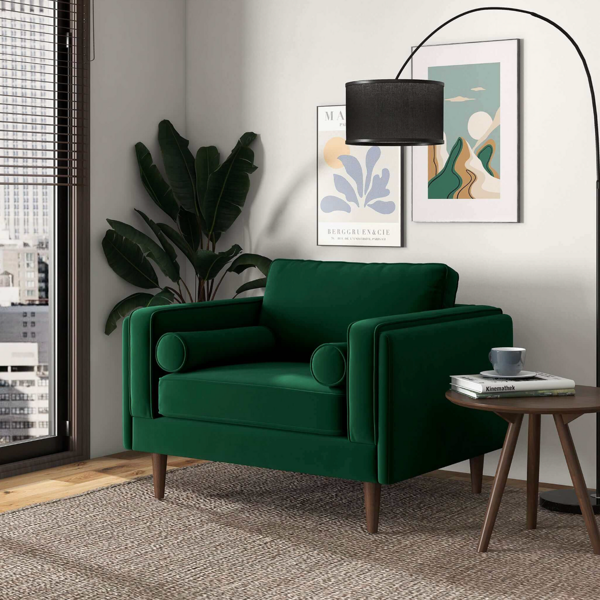 Amber MCM Velvet Accent Lounge Chair – Mid-Century Modern Upholstered Armchair (7 Colors, Plush Cushioning) in green velvet.