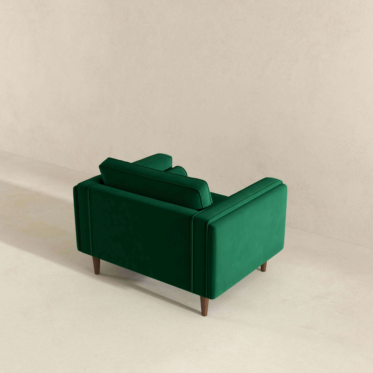 Amber MCM Velvet Accent Lounge Chair – Mid-Century Modern Upholstered Armchair in rich green velvet from the back.