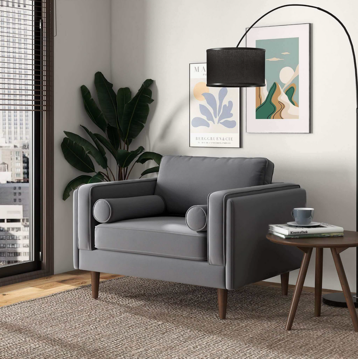 Amber MCM Velvet Accent Lounge Chair – Mid-Century Modern Upholstered Armchair (7 Colors, Plush Cushioning) in gray