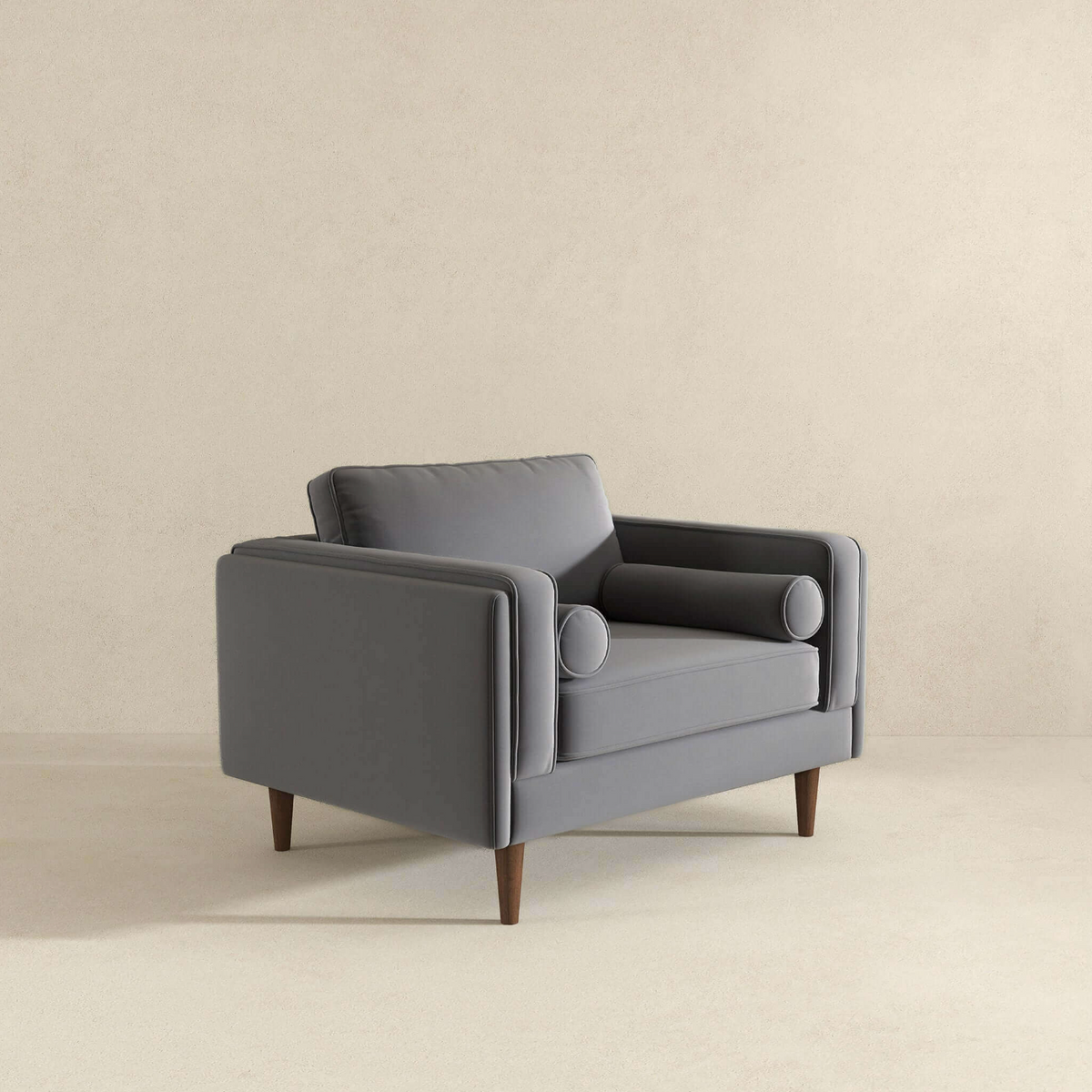 Amber MCM Velvet Accent Lounge Chair – Mid-Century Modern Upholstered Armchair in gray.