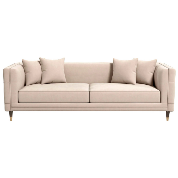 The Ashcroft Furniture Edward MCM Elegant Tufted Velvet Sofa 90 features square arms, wooden legs, four matching throw pillows, and subtle mid-century design elements, shown in beige against a white background.
