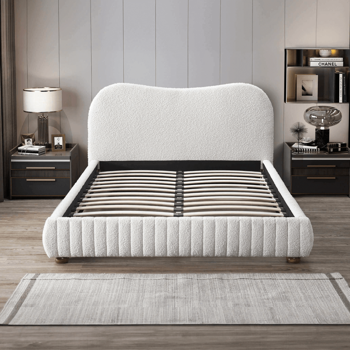 Norme Cream Boucle Platform Bed Frame Queen – Modern Upholstered Bed with soft boucle fabric and low-profile design.